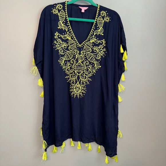 EUC Lilly Pulitzer Castilla Tunic Coverup Navy Lime Green Embroidery S/M - Picture 2 of 7